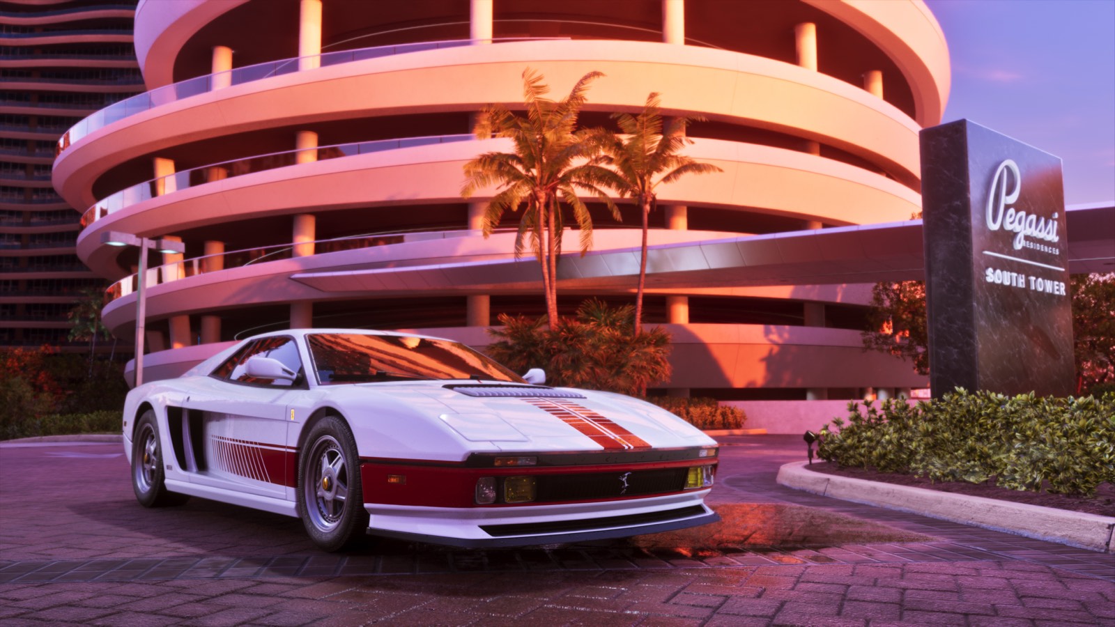 The Grotti Cheetah Classic sports car parked outside the Pegassi Residences tower at dusk