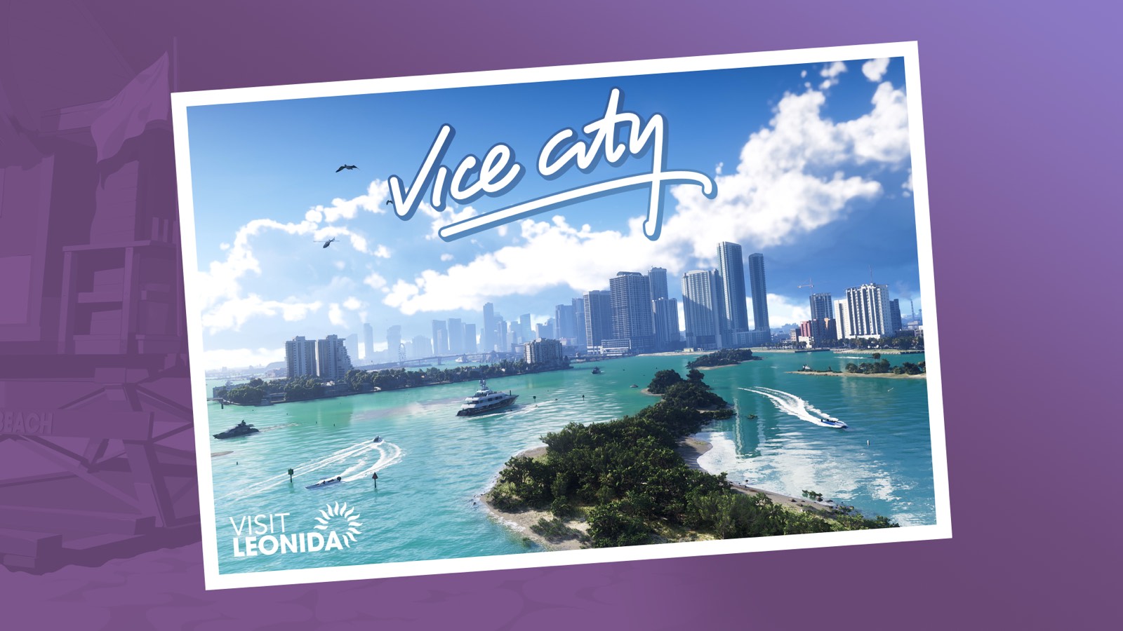 Official Vice City postcard artwork showing the beachfront skyline at sunset